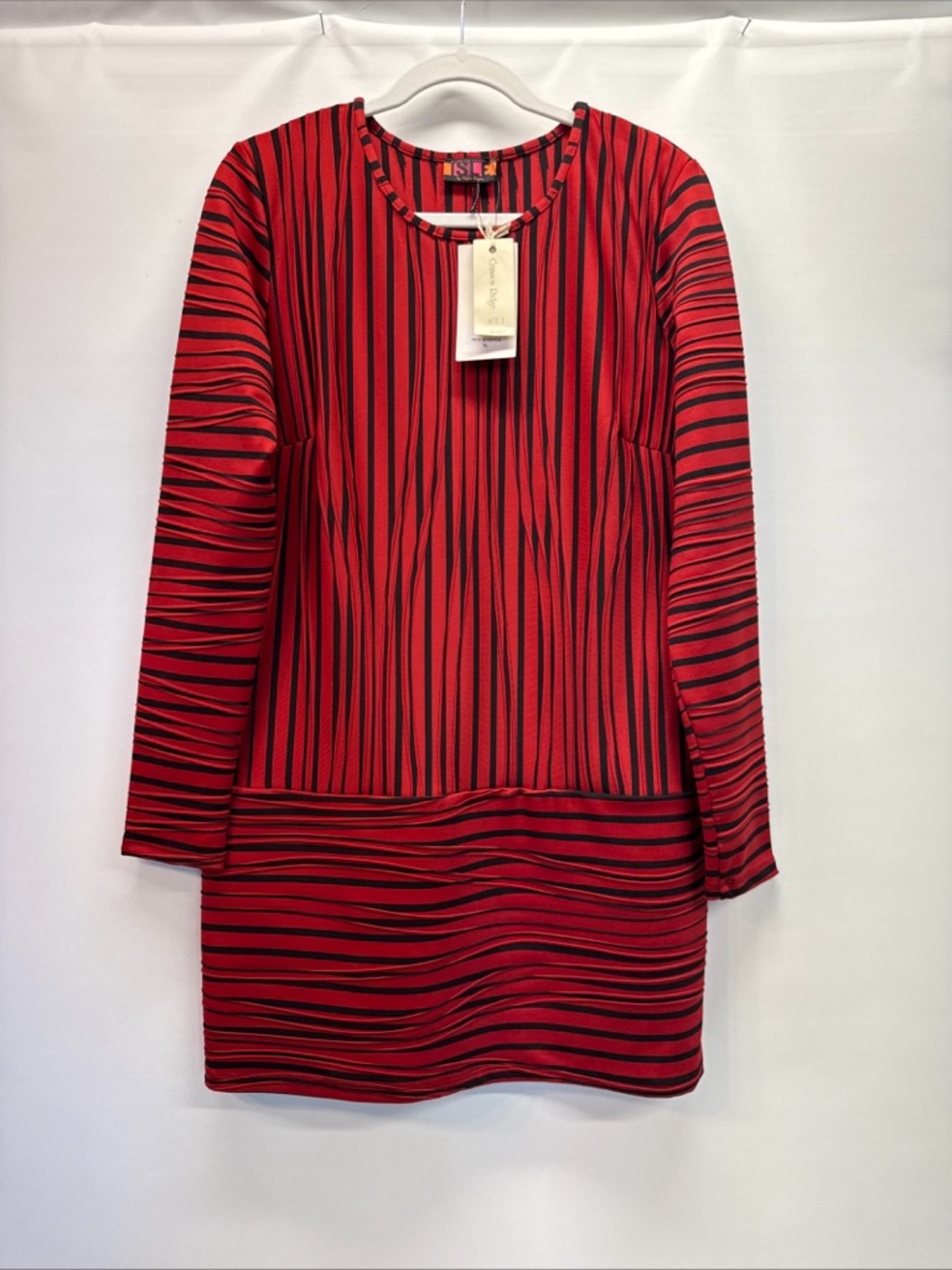 NWT ISLE By‎ Melis Kozan Dress XL Black Red Stripes Scuba Sheath Long Slv Artsy